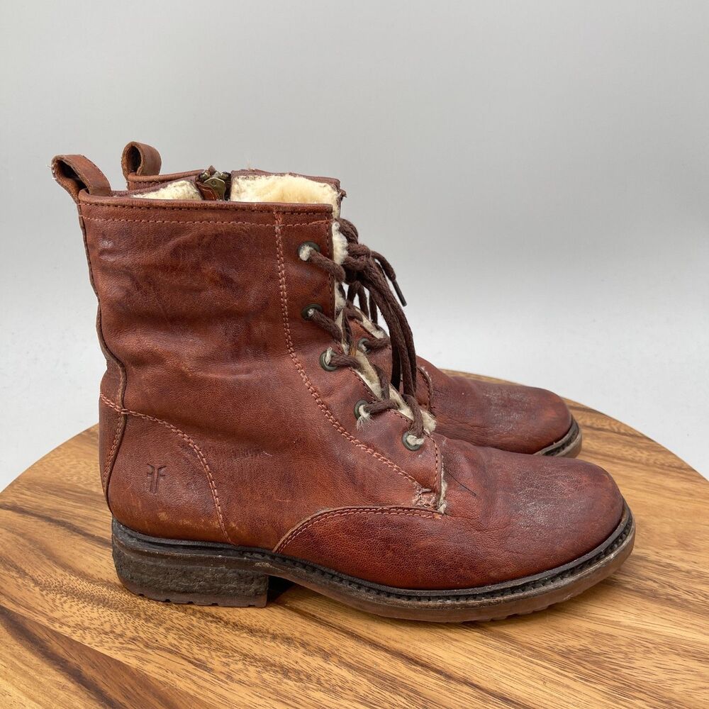 Frye Valerie Boots Womens Size 8 B Brown Leather Shearling Lined Moto Lace Up